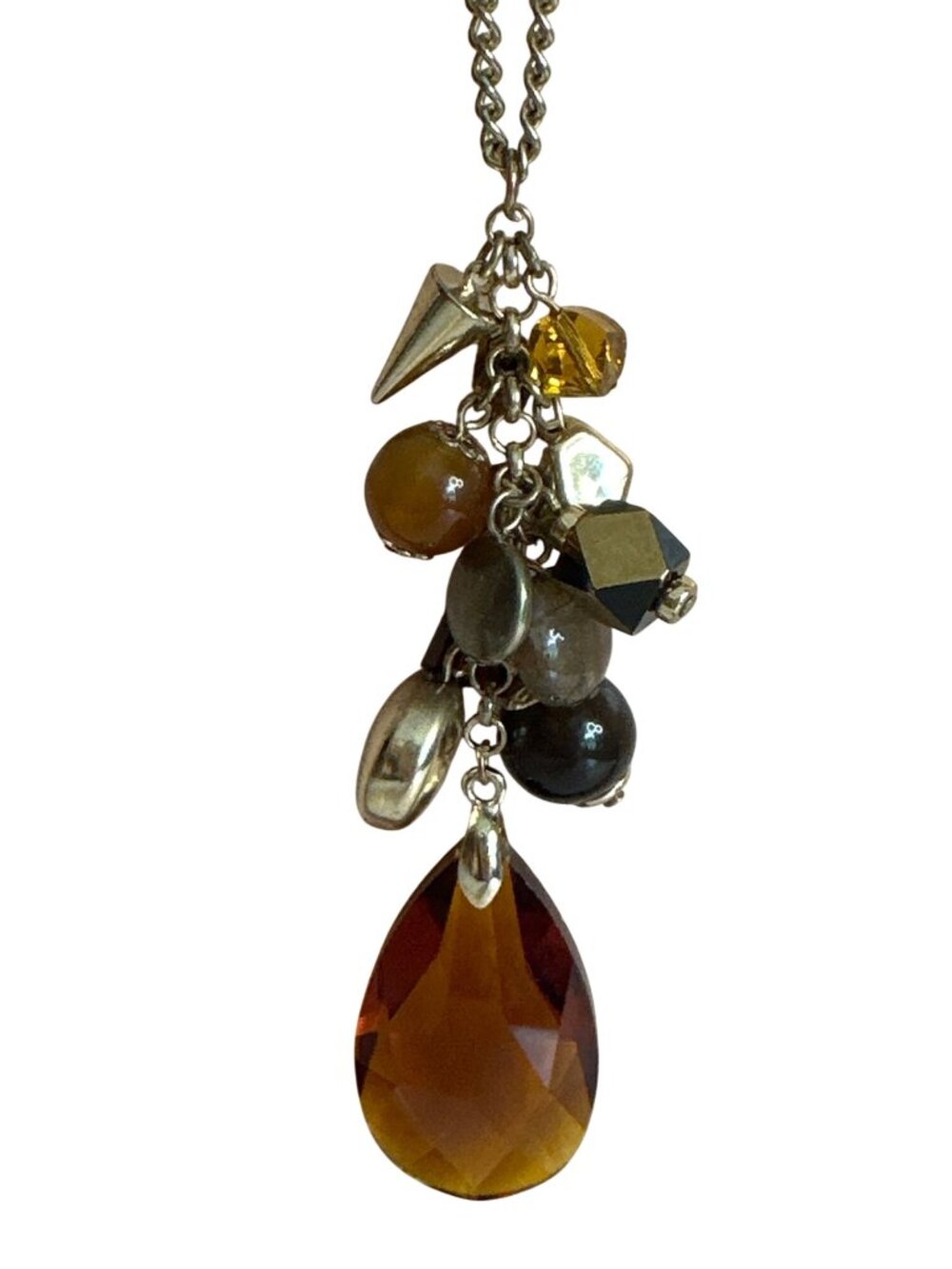 Beaded Gold-Tone Necklace Cluster Amber Color Teardrop Pendant Charms Career